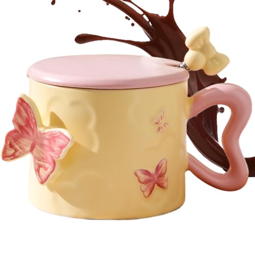 Tazas de mariposa, taza de mariposas | Ceramic Pretty Tea Cup Tazas de primavera,12 oz elegante Drinkware con tapa del mango, para el cumpleaños de San Valentín