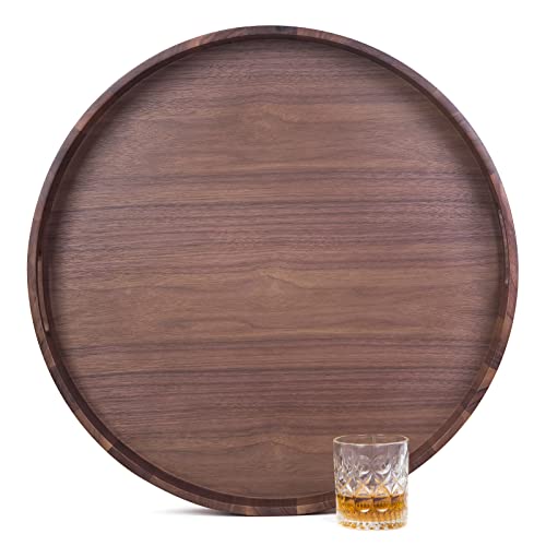 GinSent 22 Inches Extra Large Round Serving Tray with Handles,Oversized Wooden Decorative Ottoman Tray for Living Room,Leakproof Bed Tray for Breakfast Coffee Tea(Black Walnut)