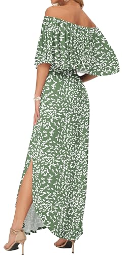 Image of AUSELILY Womens Off Shoulder Ruffle Split Summer Maxi Dresses with Pockets | Off-shoulder Ruffle dress with empire waist & side split for summer beach and casual parties