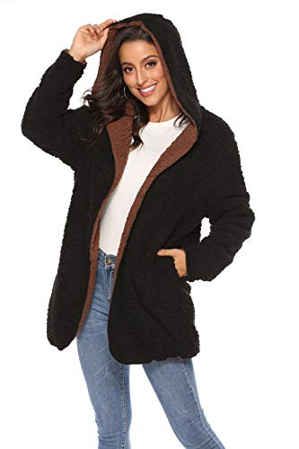 Comeon Women\'s Fuzzy Winter Coat Warm Faux Fur Reversible Open Front Long Coat Cardigan Jacket Outwear with Pockets (Black,Medium)