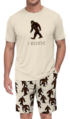 PrinStory Mens I Believe Pajama Set Bigfoot Graphic Tee and Printed Shorts Novelty Sleepwear Loungewear Set for Home Sasquatch Gift Cream M