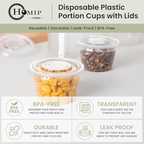HOMIP 300Pack 4oz Disposable Plastic Portion Cups with Lids, Small Mini Sauce Cups for Portion Control, Salad Dressing Cups, Airtight and Stackable Condiment Cups for Party, Holiday and Daily Use by HOMIP - Image 3