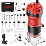 TEENO Router Tool, 6.5 Amp 1.25 HP Compact Wood Router Tool for Woodworking, 6 Variable Speeds, 1/4' Palm Hand Trimmer With 15-Pc Tungsten Carbide Router Bits, Edge & Roller Guides, Carrying Case