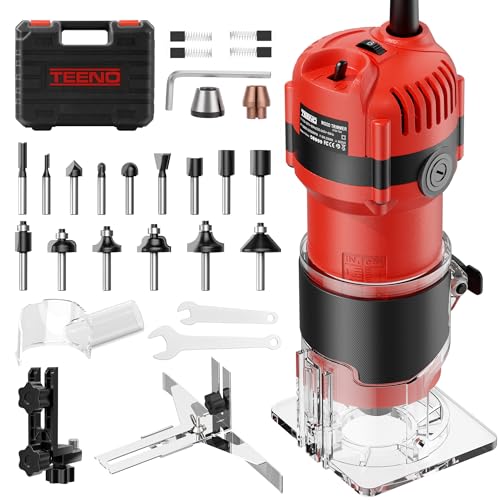 TEENO Router Tool, 6.5 Amp 1.25 HP Compact Wood Router Tool for Woodworking, 6 Variable Speeds, 1/4" Palm Hand Trimmer With 15-Pc Tungsten Carbide Router Bits, Edge & Roller Guides, Carrying Case