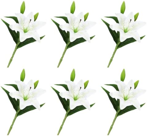 Fofetbfo 6 PCS White Artificial Lily Flower 15 Inch Fake Tiger Lily Flower with Green Leaves and Long Stem Real Touch Lily Faux Flowers for Floral Arrangements Wedding Bouquets Home Decor