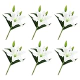 Fofetbfo 6 PCS White Artificial Lily Flower 15 Inch Fake Tiger Lily Flower with Green Leaves and Lon