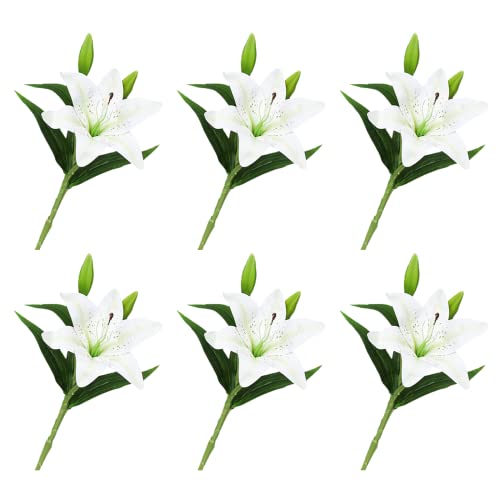 Fofetbfo 6 Pcs White Artificial Lily Flower 15 Inch Fake Tiger Lily Flower With Green Leaves And Long Stem Real Touch Lily Faux Flowers For Floral Arrangements Wedding Bouquets Home Decor #TOP2