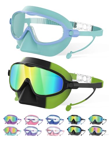 Kids Swim Goggles with Nose Cover for 3-12, 2 Pack Wide View No Leaking