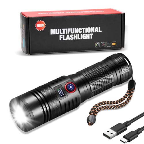 Honestself Rechargeable Torch, Super Bright LED Torches 60000 Lumens Powerful Hand Torch with Power Display, 5 Lighting Modes, Zoomable, IP67 Waterproof, Tactical Flashlights for Camera