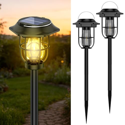 Hoofun Solarlampen für Außen Garten 2 Stück, 3 in 1 Außenlicht mit Haken, Bodenspieß, Wandmontage, Solarlicht Outdoor Wasserfest, Automatische Gartenleuchten für Hinterhöfe, Gärten, Rasen, Garage
