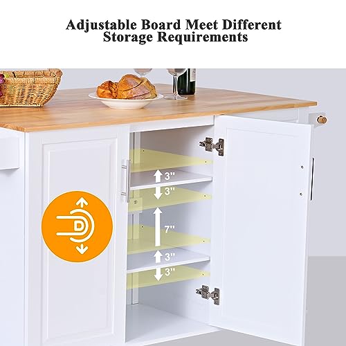soges Mobile Kitchen Island with Storage and Drop Leaf on Wheels, Rolling Kitchen Island Table Cart with 3 Drawers and Large Storage Cabinets, Spacious Desktop, Adjustable Shelves, White - Thumbnail 7