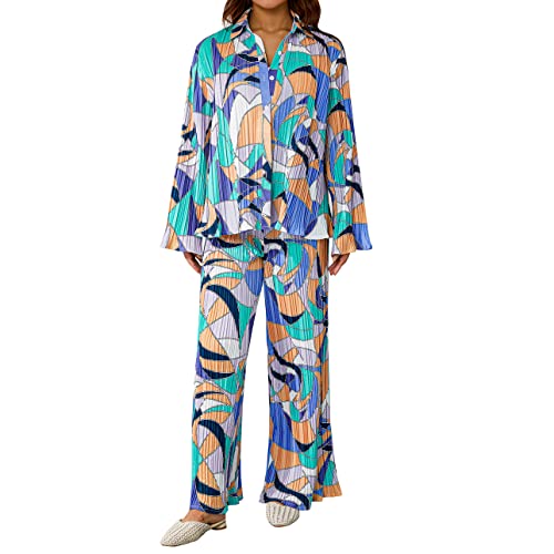 Conjunto de pantalones florales de dos piezas para mujer, cuello de solapa de manga larga, camisa con botones, blusa+pantalones de pierna ancha, trajes plisados sueltos, azul, S Cover