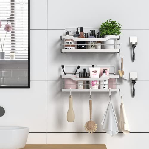 Carwiner Shower Caddy Bathroom Shelf 2-Pack, Basket With 8 Hooks For Hanging Shampoo Conditioner, Sus304 Stainless Steel Rack Wall Mounted Storage Organizer For Kitchen, No Drilling (Silver) #TOP2