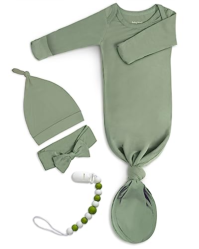 Image of Newborn Baby Knotted Gown, Super Soft Silky Infant Long Sleeve Sleeper with Mittens and Hat & Bowknot Set (Extra Long)
