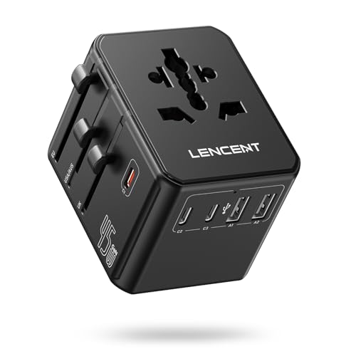LENCENT Adaptador Enchufe Universal PD 45W, Cargador Internacional con 3 USB C+2 USB A, Adaptador de Viaje para Alemania, Estados Unidos, Reino Unido, Irlandia, Japón, Australia y más de 150 Países