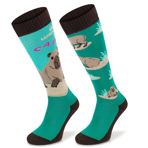 SKIETY Calcetines ecuestres - Calcetines largos para caballos - Calcetines ecuestres para mujeres, niñas, niños - Calcetines divertidos - Patrón Juguetón de Carpincho - Talla 35-38