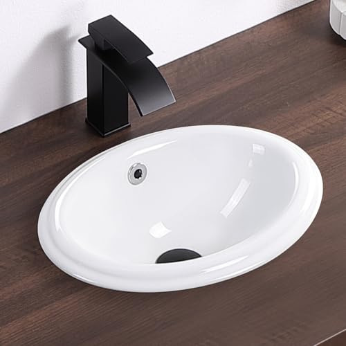 KARAMAG Bathroom Vessel Sink 16'' x 12'' Semi Recessed Bathroom Sink Oval Drop-in Vanity Sink with Overflow White Ceramic Modern Art Basin