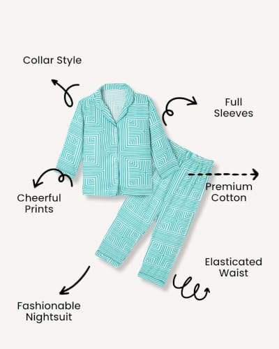 Image of Girls Premium Cotton Full Sleeves Printed Nightsuit Set | Collar Style Night Dress for Girls | Soft & Breathable Pajama Set | Trendy Kids Sleepwear & Nightwear