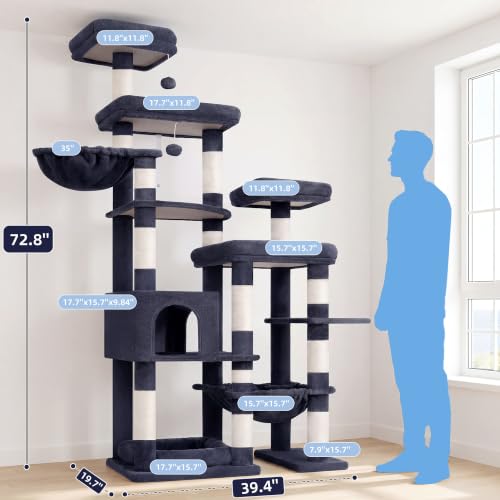 Image of Hey-brother Cat Tree Tower, Wide Base, 5 Platforms for Multi-Cats, MPJ074G | 72.8 Inches Tall Furniture, 5 Plush Beds, Large Condo, Big Hammocks, Sisal Scratching Posts, for Indoor Adult Cat, Smoky Gray