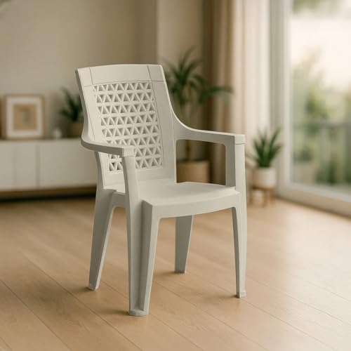 Image of Nilkamal Elevate Plastic Chair with Arm | Set of 4 | Stackable Chair | for Living Room, Bed Room, Kitchen, Balconies, Outdoor | Marble Cream