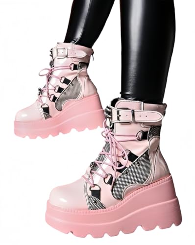 Image of Womens Goth Platform Boots Chunky High Heel Booties Round Toe Combat Ankle Boots Womens Lace Up Motorcycle Wedges Shoes