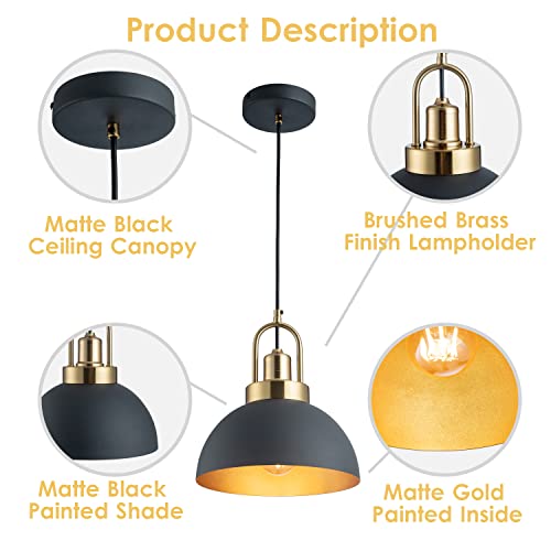 YHANFENGCY Vintage Pendant Light 9.84 "Black and Gold Chandelier Lighting Brass Socket Dome line Length 78.74" for Kitchen Island, Dining Room, Bedroom - Image 5