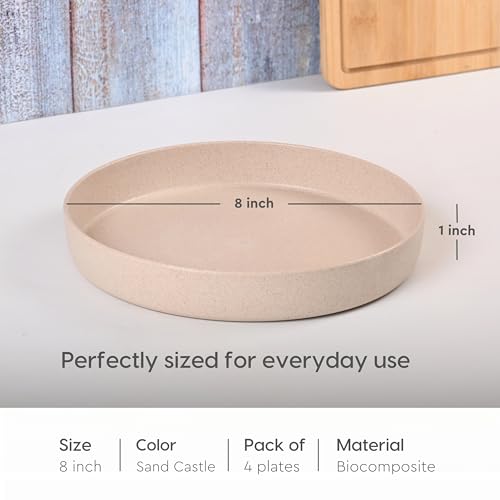 Image of Eha Earth Friendly Verde Round Plates | Set of 4 | 8 inch | Made with Rice Husk Biocomposite | Breakfast Plates | Unbreakable Dinner Plates Set | Microwave Safe | Sand Castle