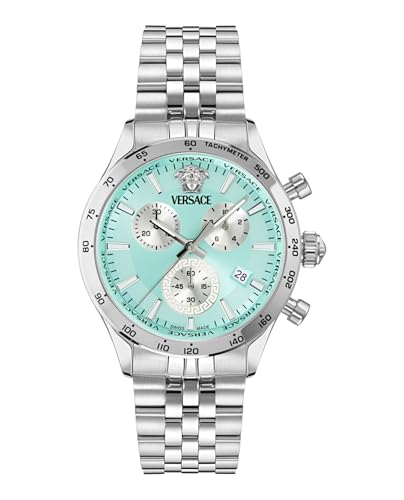 Versace Hellenyium Chrono Petite Collection Luxury Mens Watch Timepieces with a Silver Bracelet Featuring a Stainless Steel Case and a Blue Dial