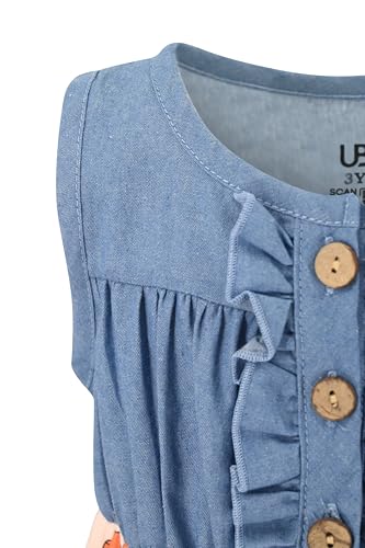 Image of Unique Baby Girls Sleeveless Denim Dress with Knot Tie and Fun Print for Toddler and Big Kids