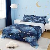 Night Sky Sheet Set Trippy Starry Galaxy Bedding Set Ombre Blue Cloud Bed Sheets Teens Room Decor Navy Blue Bed Set (Queen Flat Sheet & Fitted Sheet with 2 Pillow Case)