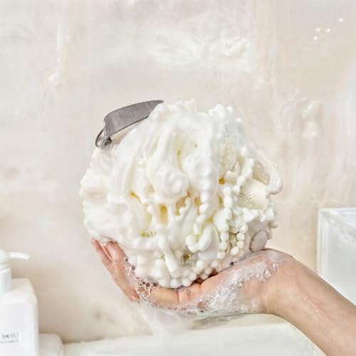 Luxurious Bath Ball Loofah Sponge Pouf Puff Mesh for Shower - Soft, Quick-Dry Exfoliating Foaming Deep Cleansing Body Scrubber - White