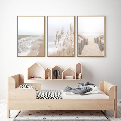 Image of Neutral Beach Pampas Grass Wall Art Boho Coastal Canvas Prints Wall Decor, Ocean Shore Landscape Scene Framed Ocean Theme Nature Wilderness Artwork for Living Room Bedroom, Set of 3, 16x24 Inch
