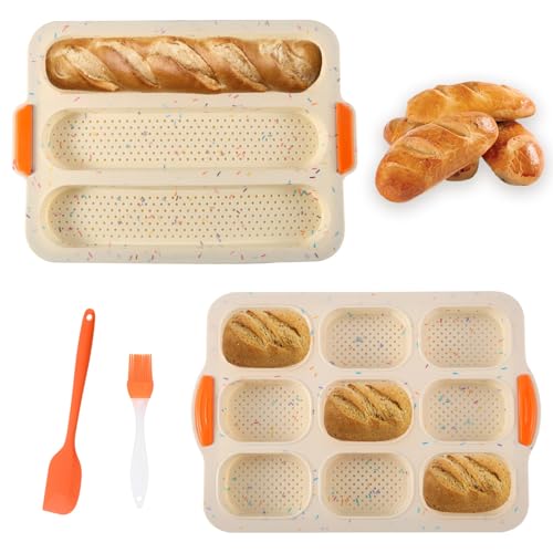 gvivej Baguette Backform, 2 Stück Brötchen Backform, Antihaft Silikon Baguetteform, Brotbackformen klein mit Silikonmesser und Pinsel, für Brot, Farbe