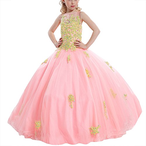 SHANGSHANGXI Children Pageant Dresses Ball Gown Keyhole Back Tulle Lace Flower Girl Dress,8 Gold-Pink