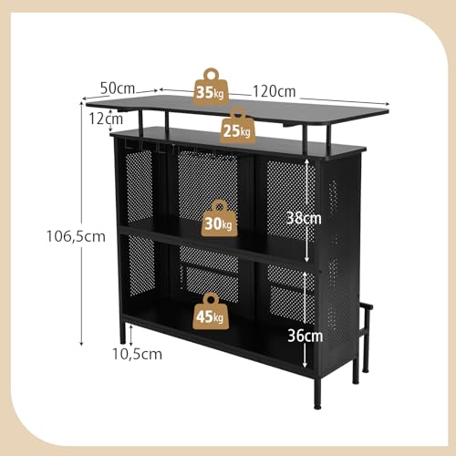 COSTWAY Bartisch Küche, Küchentheke mit Stauraum und Fußstütze, Theke Bar mit Metallrahmen, verstellbare Füße, 120 x 50 x 106,5 cm, schwarz, Rechteckig