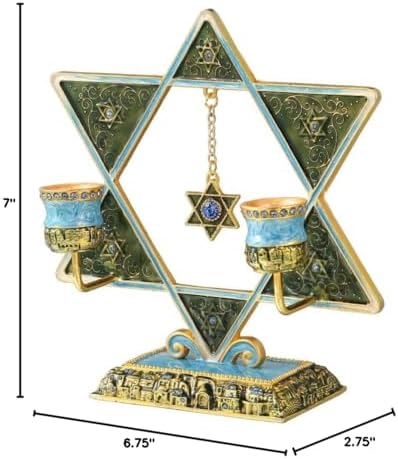 Matashi Shabbat Candlesticks Hand-Painted, Gold-Plated Pewter | Tall, Vintage Craftsmanship | Personal or Religious Use (Blue Star of David)