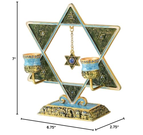 Matashi Shabbat Candlesticks Hand-Painted, Gold-Plated Pewter | Tall, Vintage Craftsmanship | Personal or Religious Use (Blue Star of David)