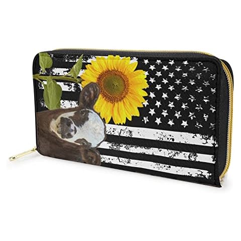 Dolyues Sunflower Cow USA Flag Print Zipper Long Pu Leather Wallet Cover