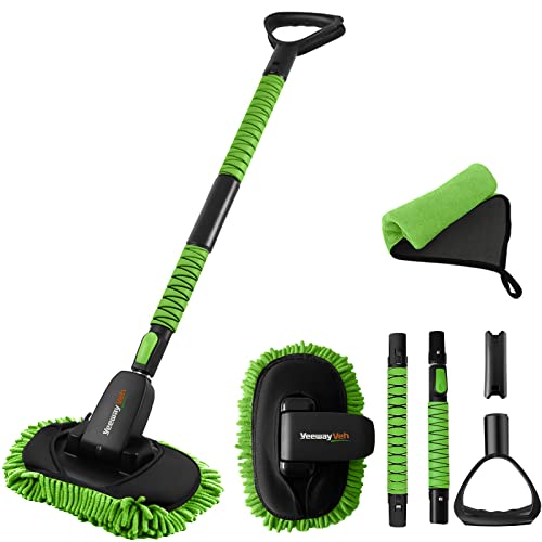 YeewayVeh Cepillo de lavado de coche de 55 pulgadas con mango largo, cepillo de limpieza extensible con cabezal de fregona de microfibra sin arañazos, mango desmontable en forma de D, kit de lavado de