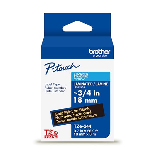 Brother Genuine P-Touch TZe Gold Print on Black Label Tape (TZe344), Laminated,3/4in x 26.2ft (18mm x 8m), for Select P-Touch Label Makers, Durable, Water-Resistant, Indoor/Outdoor Use by Brother - Used condition - US$19.14