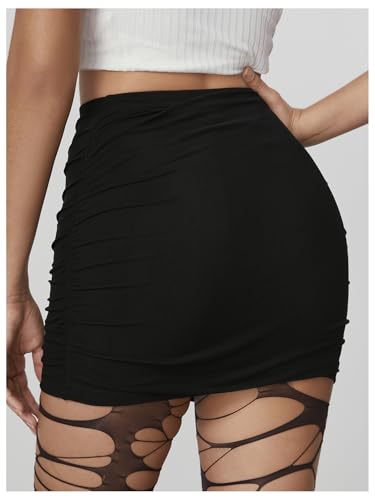 WDIRARA Minissaia feminina de malha franzida, colado ao corpo, saia sexy elástica, Preto, P