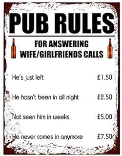 Ecool Pub rules for answering wife girlfriend calls funny pub man cave retro shabby chic vintage style picture metal wall plaque sign (280mm x 200mm)