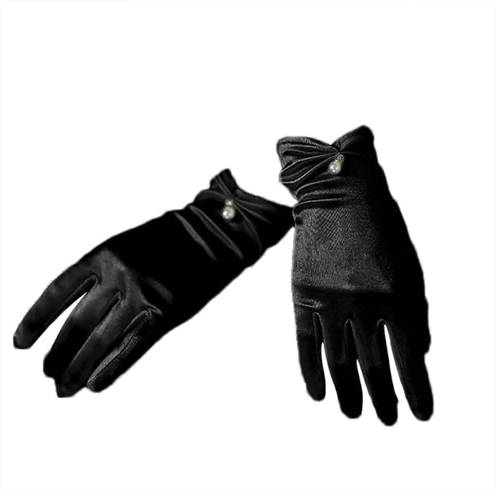 Guantes Cortos De Satén Para Mujer Con Lazo - 22x8 Cm, Negros, Elegantes Para Bodas, Fiestas Vintage Y Carnaval