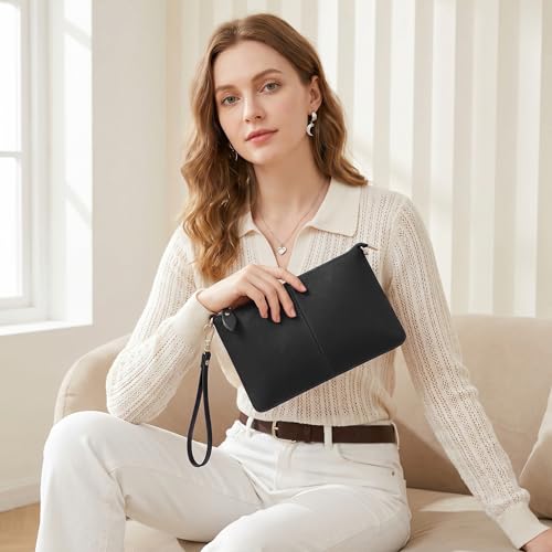 Image of YALUXE Genuine Leather Wristlet Handbags Purses Cell Phone Pocket Clutch Wallet Crossbody Bags for Women