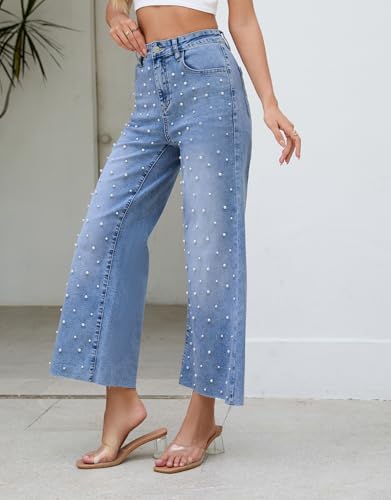 Kedera Womens Wide Leg Pearl Jeans High Waisted Cropped Denim Pants Casual Embellished Jeans with Raw Hem4