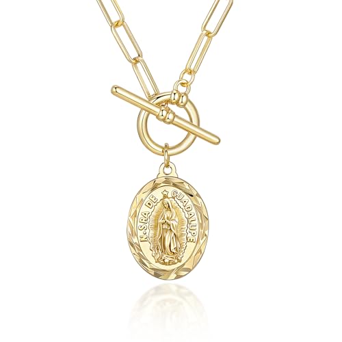 Women's Gold Virgin Mary Necklace - 14K Gold Plated Virgen de Guadalupe Pendant Necklaces,Non Tarnish Golden Catholic Our Lady of Guadalupe Jewelry,Religious Faith Baptism Confirmation Easter Gift