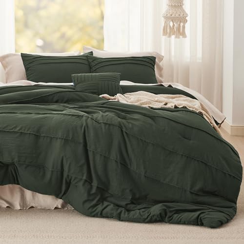 Image of Bedsure Olive Green Oversized Queen Comforter Set - 4 Pieces Pinch Pleat Bed Set, Down Alternative Bedding Sets for All Season, 1 Comforter, 2 Pillowcases, 1 Decorative Pillow