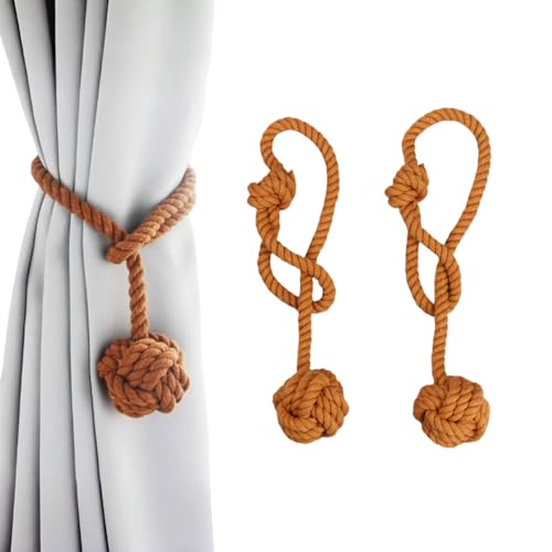 Himtop A Pair of Curtain Rope Tiebacks Hand Knitting Curtain Tie Back with Ball for Home Decoration (2PCS light brown)