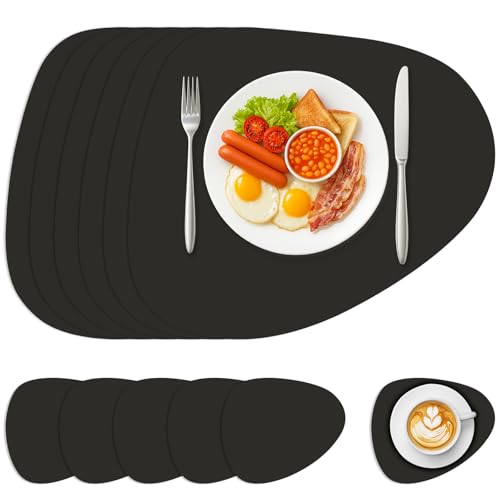 Sevenpers Tischsets Abwaschbar, Tischsets Leder and Untersetzer 6er Set,Wasserdicht rutschfest Platzdeckchen Platzset für Hause Küche Restaurant und Hotel,Schwarz,40x34cm