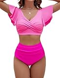 BMJL Womens High Waisted Bikini Sets Tummy Control Swimsuits Two Piece Full Coverage Cute Ruffle Bathing Suit (Large, Pink)